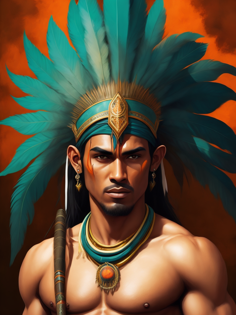 hispanic, male, taino indian, feather headdress, warrior paint, holding spear