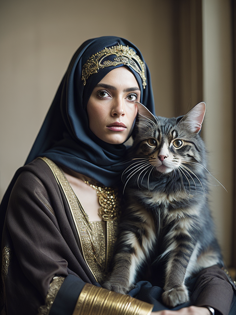 Portrait of princess leia wearing niqab and a mainecoon cat wearing black coated arabic fashion with gold crown in Renaissance ottoman heritage, hyper realistic, ultra detailed photograph.