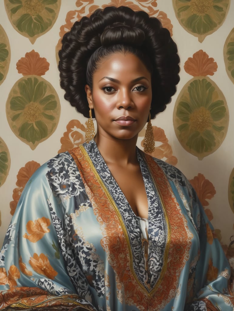 Portrait of a black woman wearing a kaftan with a pattern, Painting, Oil, Portrait, style of Kehinde Wiley