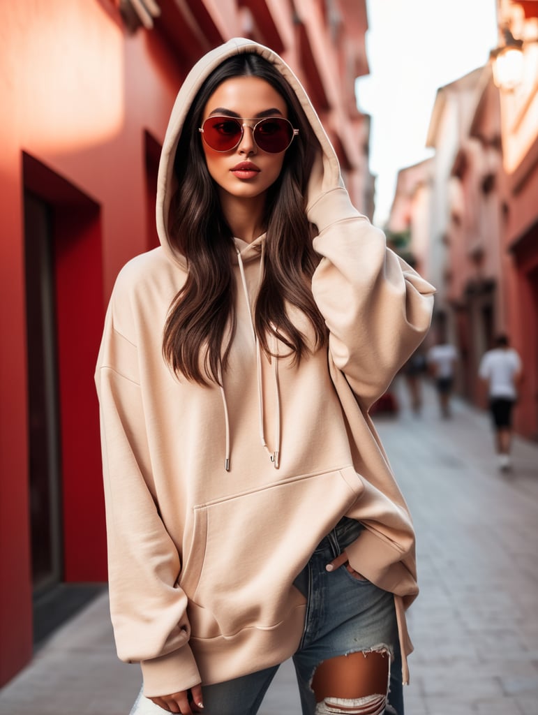 A full-body girl with dark hair dressed in a huge oversized beige hoodie, massive sunglasses with thick frames, wide jeans, massive huge sneakers, red background, contrasting light, bright colors