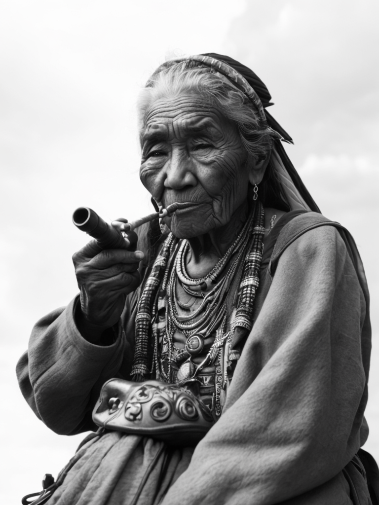 Canada's First Nations people, rare historical photo, black and white photography, a old woman smoking a pipe, redskin, native Americans
