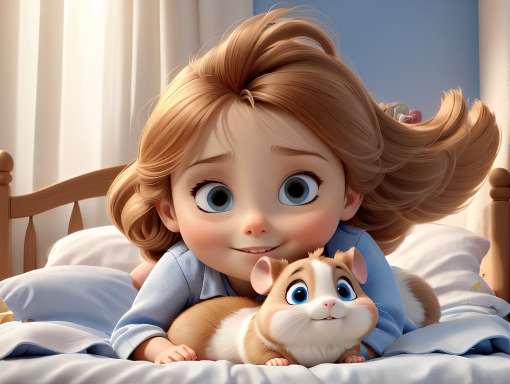Light brown haired, blue eyed little girl waking up in bed with a cute little brown and white hamster beside her
