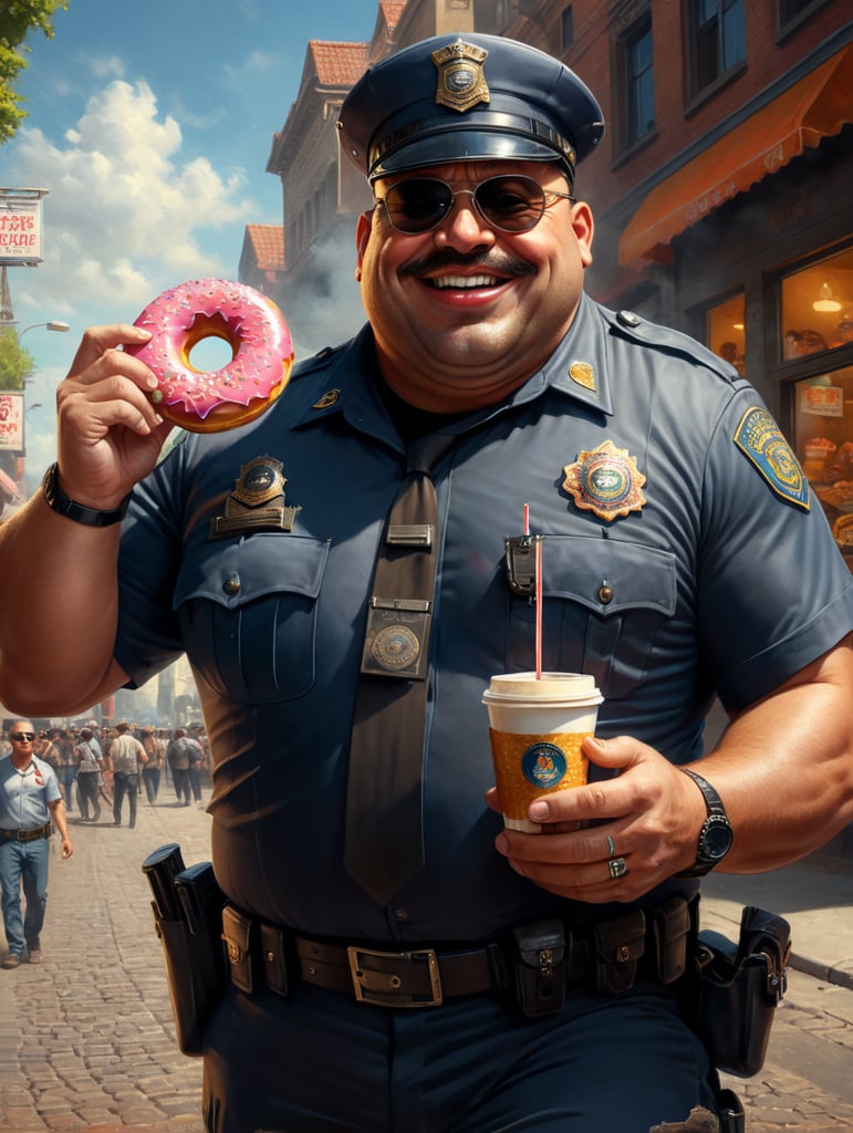 very fat cop with donut and cup of coffee, happy, sunglasses, image, portrait