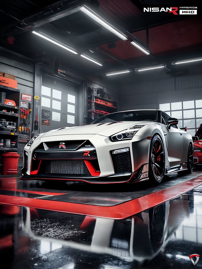 A video game visual, a futuristic Nissan GT-R Nismo inside a garage, must be visible the car is inside a garage, mechanic tools, clean image, Asphalt 9 Legends style, incredible graphics, 4