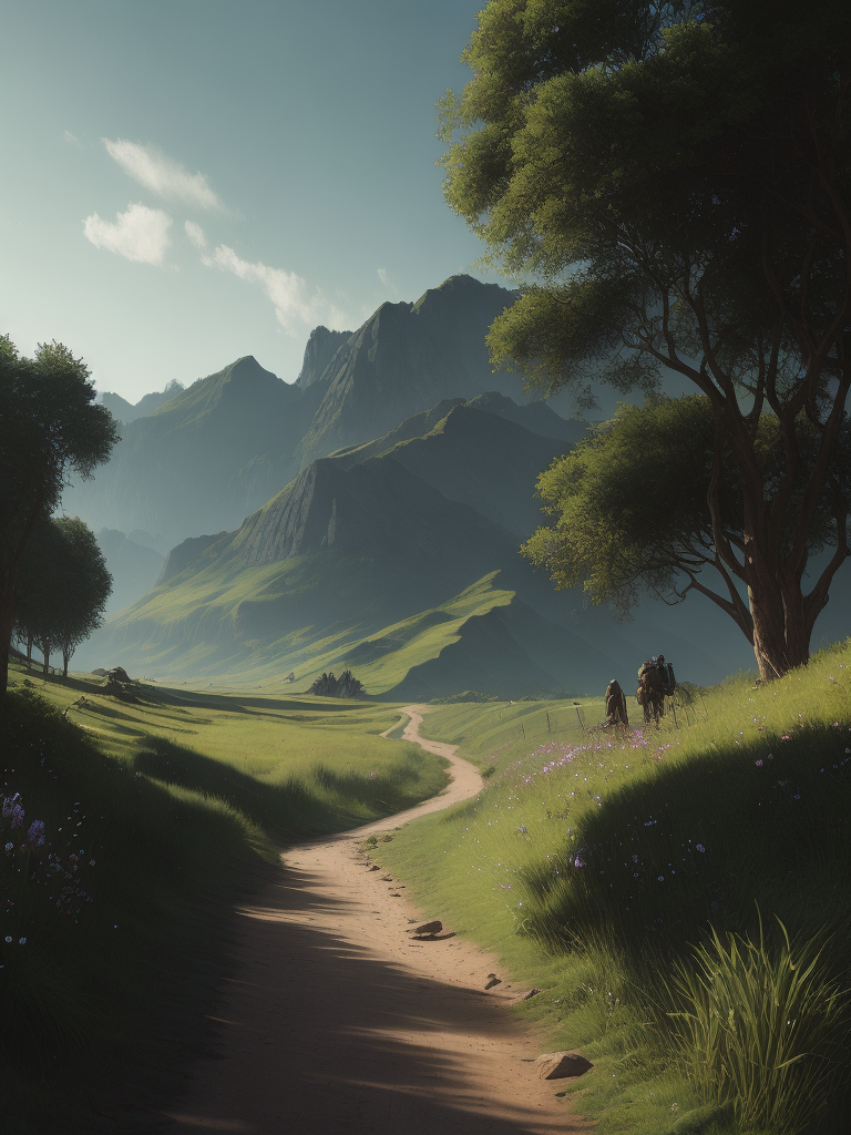 a beautiful fantasy landscape with a dirt road going through a green countryside, digital painting by Noah Bradley