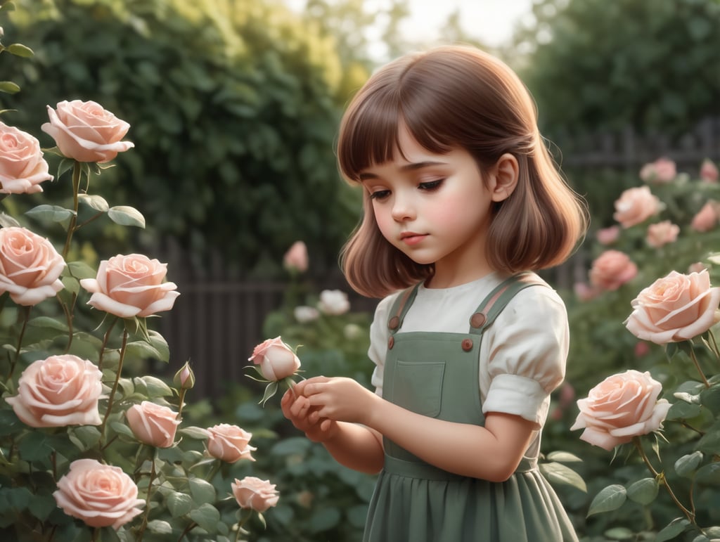 A young 2D girl with brown hair is touching her roses in her garden.