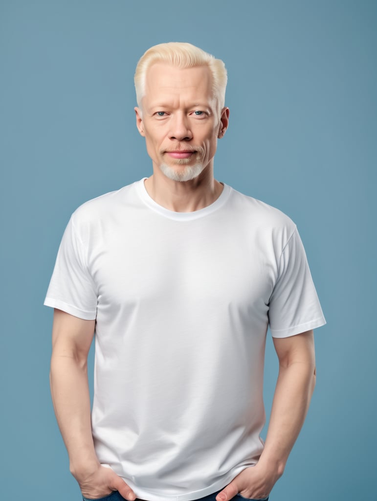 A middle-aged albino man wearing a white T-shirt, isolated, blue background, mockup, mock up