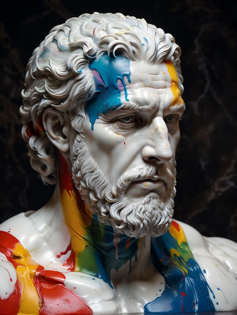 greek male white marble bust with colorful paint, melted, the paint is flowing, aesthetic background