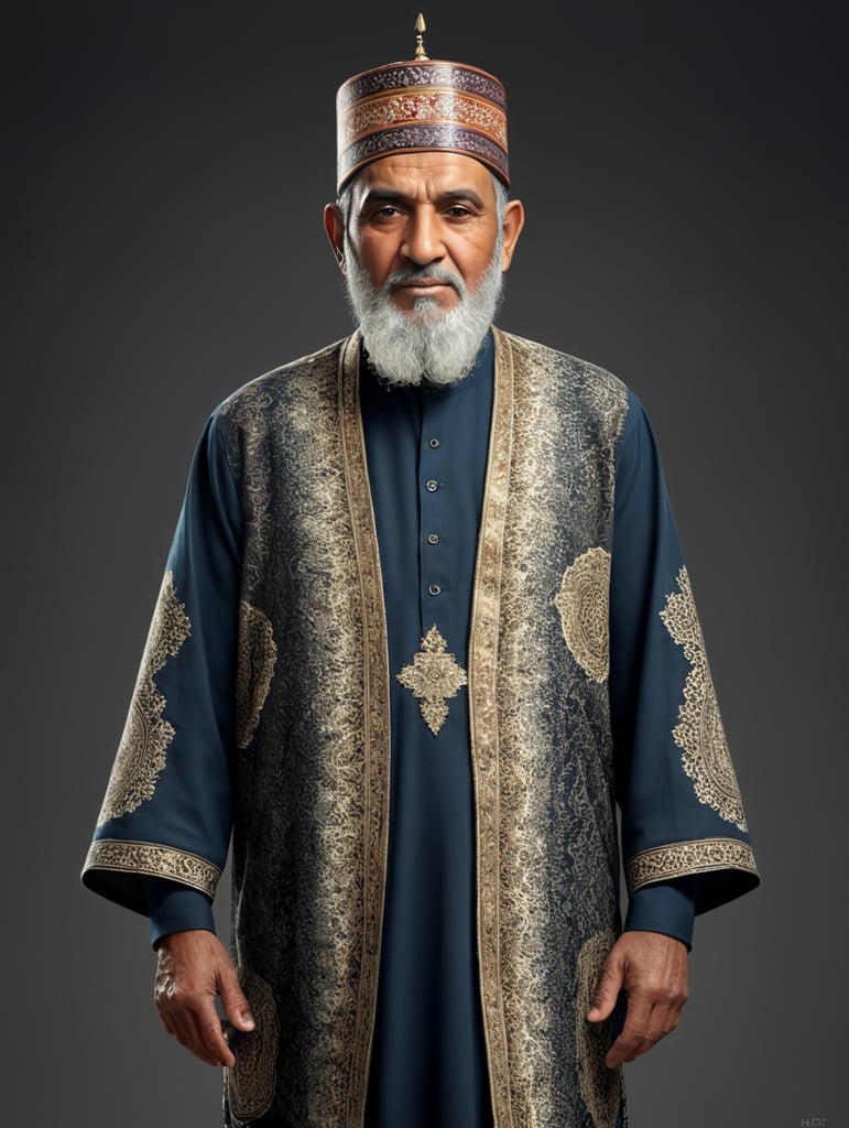 75 year old Muslim man, wearing a islamic prayer cap, wearing batik, standing with full body