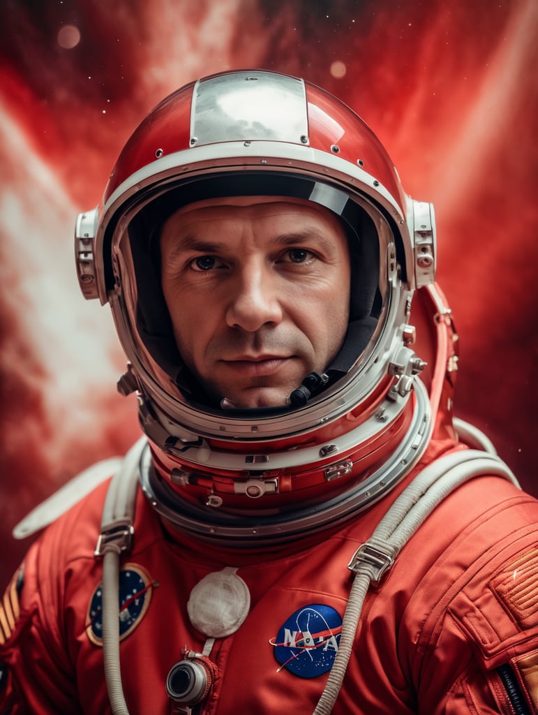 cosmonaut Yuri Alekseyevich Gagarin in a red space suit, a red space uniform