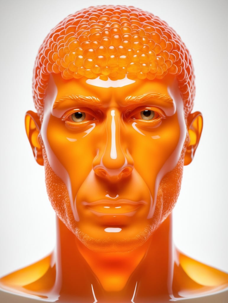 Portrait of a Translucent orange man made from the orange fruit, organs are visible through the jelly, isolated black background
