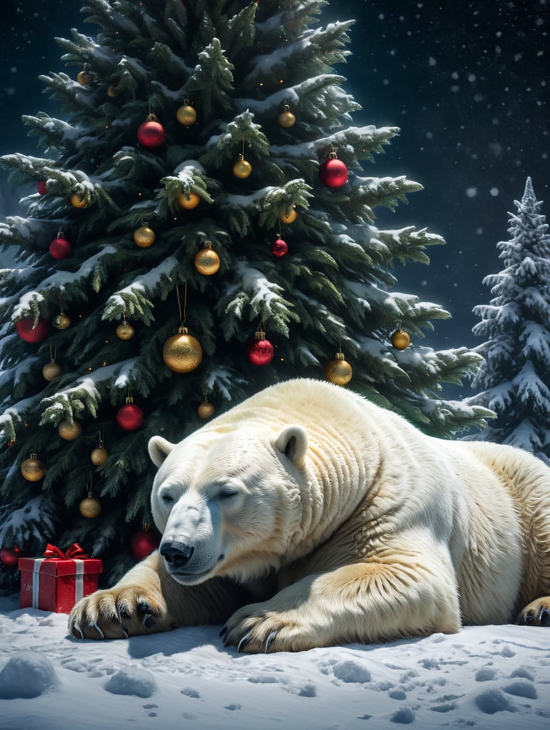Polar bear, sleeping next to a Christmas tree in the snow