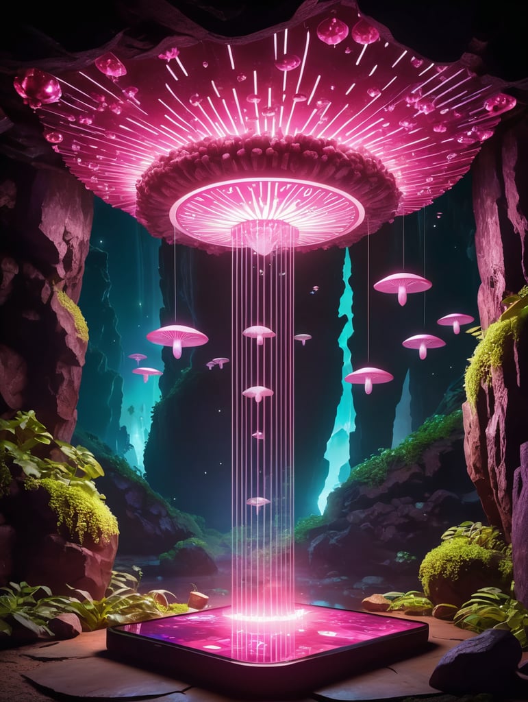 dark cave, luminescent mushrooms grow from below, stalagmites grow from above on the ceiling, on the background, in the middle on a natural pedestal there is a tablet, which exudes neon lighting, in which you can see a dashboard and a program for earning money - this is the main element of the composition, around it a small number of glowing pink crystals - symbolizing earnings, on the ceiling on the background hangs down the head of a flying mouse with wings spread out