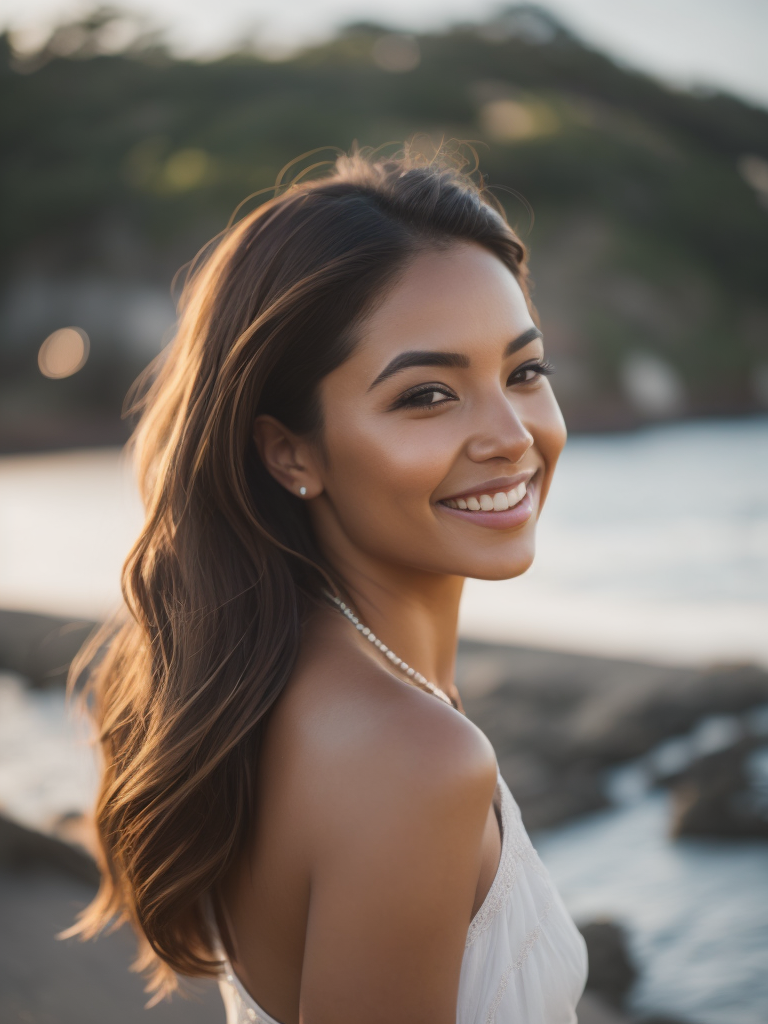 latin girl enjoying the breeze and looking at the ocean