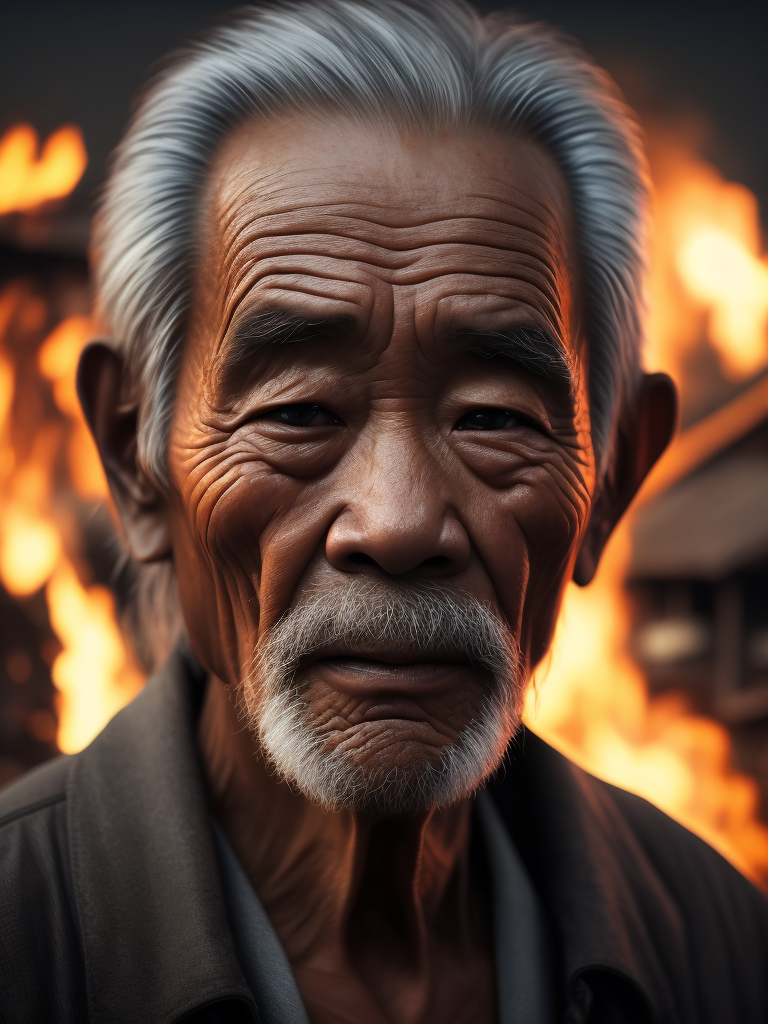 A close-up of a Vietnamese old man's face, illuminated by the light of a fire, with a backdrop of a dirty river and a shanty town.