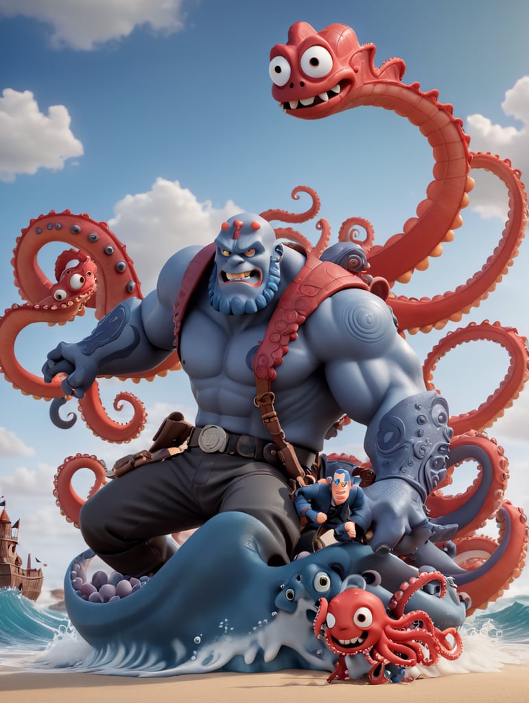 Hellboy fighting a octopus monster