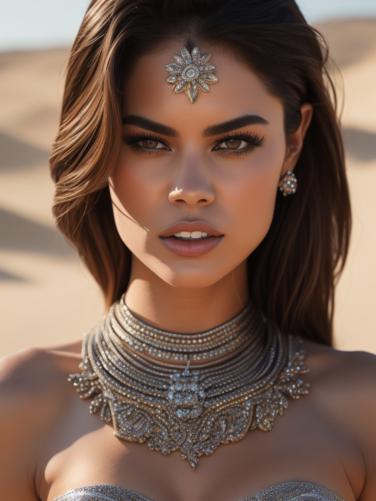 Portrait of Selena Gomez, swimsuit made of diamonds, chrome, structured outfit, contrast light, bright and saturated colors, elegant, highly detailed, vogue, fashion magazine, sharp focus, Depth of field, Incredibly high detailed, against the backdrop of sand dunes,