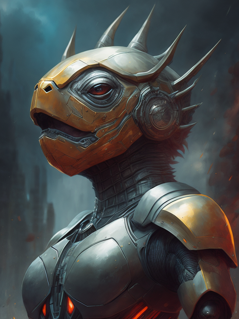 Portrait of a cybernetic black turtle, sunburst around head, deadly face with power armor, ultra realistic, intricate details, highly detailed, photorealistic, octane render, volumetric lighting.