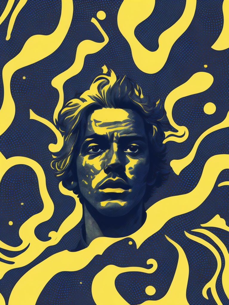 yellow blue black cream noise patterns risograph man, happy surrealism, fashion, shot on sony, edited with Maya, Nuke, Blender, Fusion, Houdini