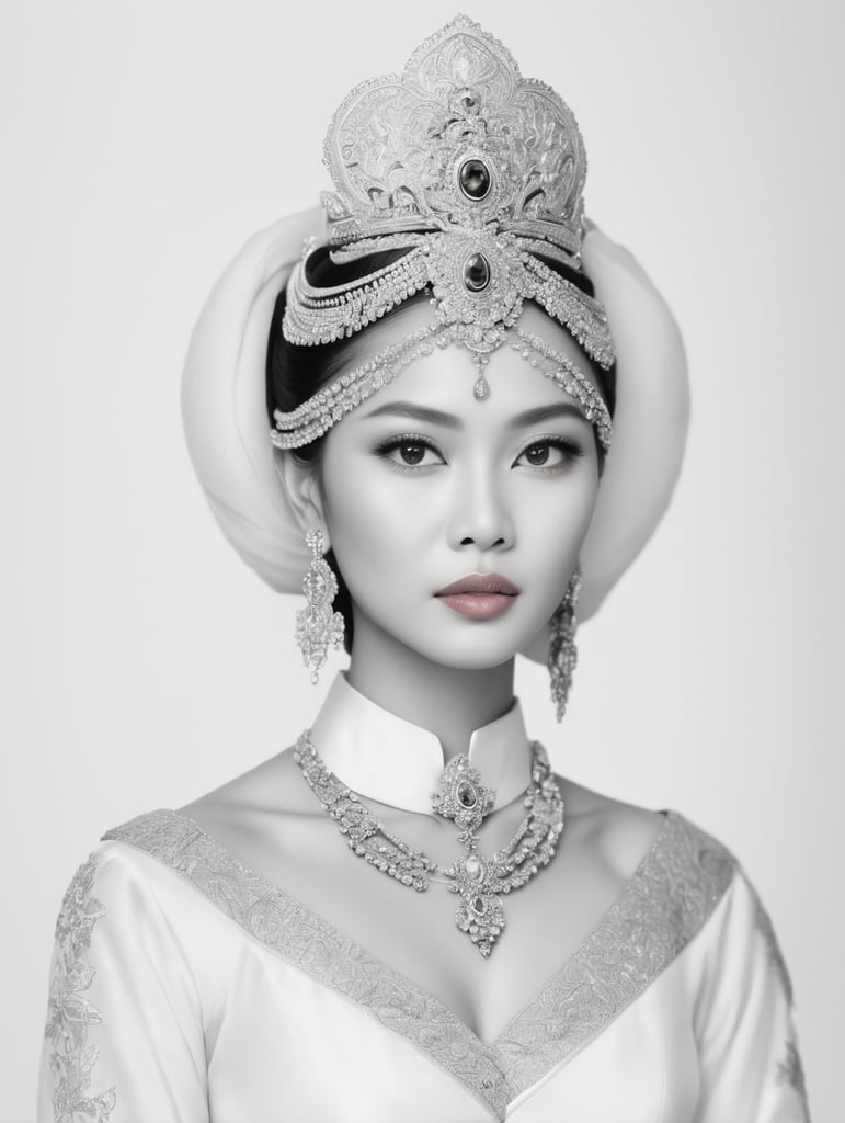 Tribhuwana Wijayatunggadewi, a princess from Majapahit, possesses an aura of regal grace and sophistication. Her countenance is a testament to the richness of Javanese beauty, with large, expressive eyes that reflect wisdom and resilience. The contours of her face are adorned with a refined nose, symbolizing nobility, and her lips carry a subtle yet confident curve, hinting at both grace and strength.