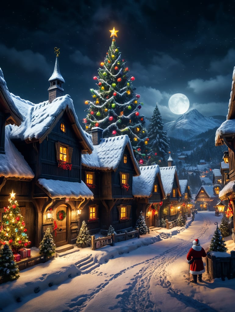 Snowy christmas night village with a focus on santa clause , christmas tree realastic image