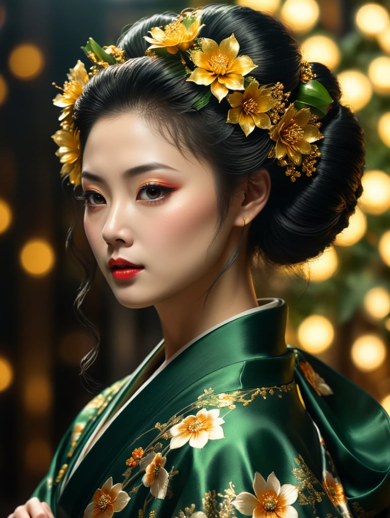 Stunning geisha, dark green kimono, shining golden flowers in her hair, beautiful, magical, volumetric light, detailed, Rembrandt lighting bokeh