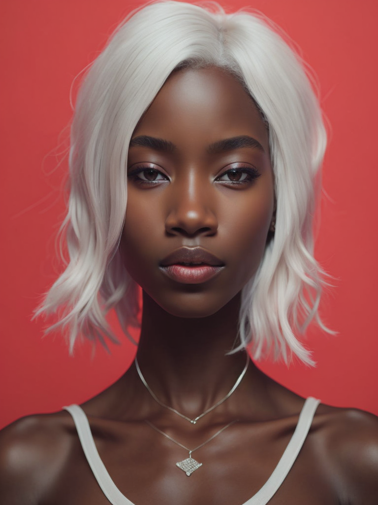 black girl on a red background, red light reflection on her face, White hair