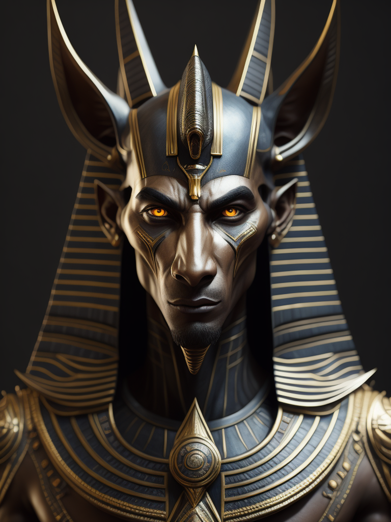 Egyptian god Anubis, portrait, hyper-realistic, dark style, focus on face, sharp on details, black background