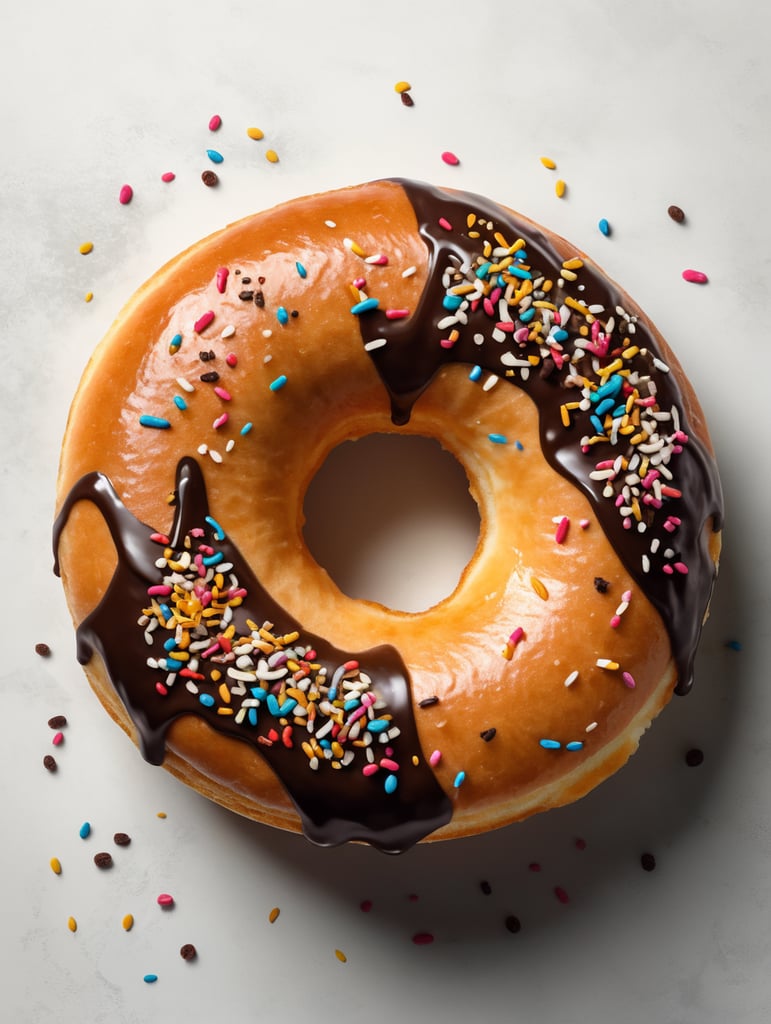 donut on a white background, top view, ultra sharp product photography