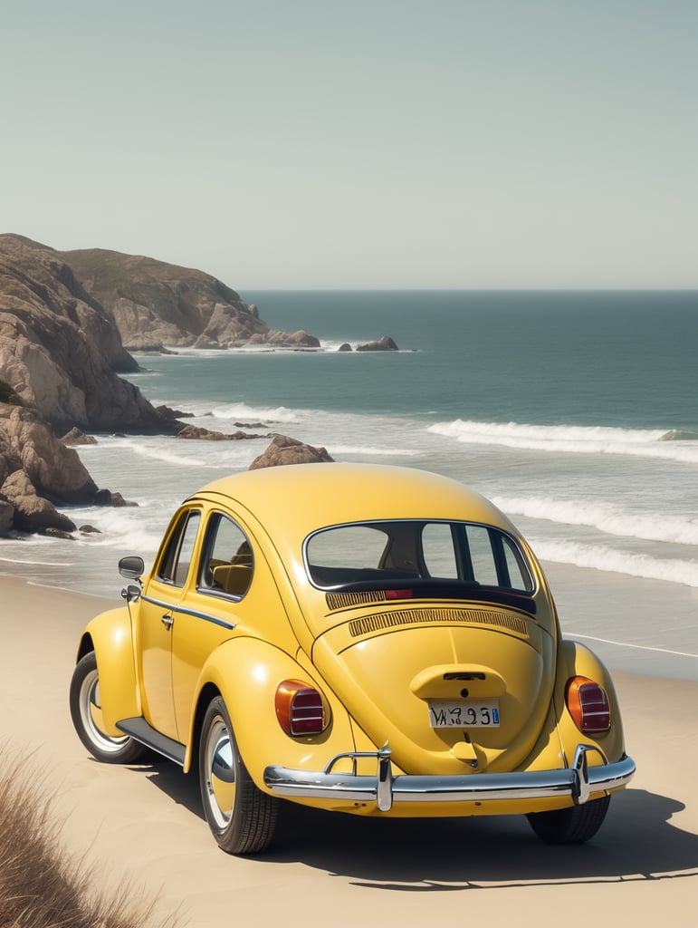 A yellow 1303 VW beetle driving on a beach by the sea