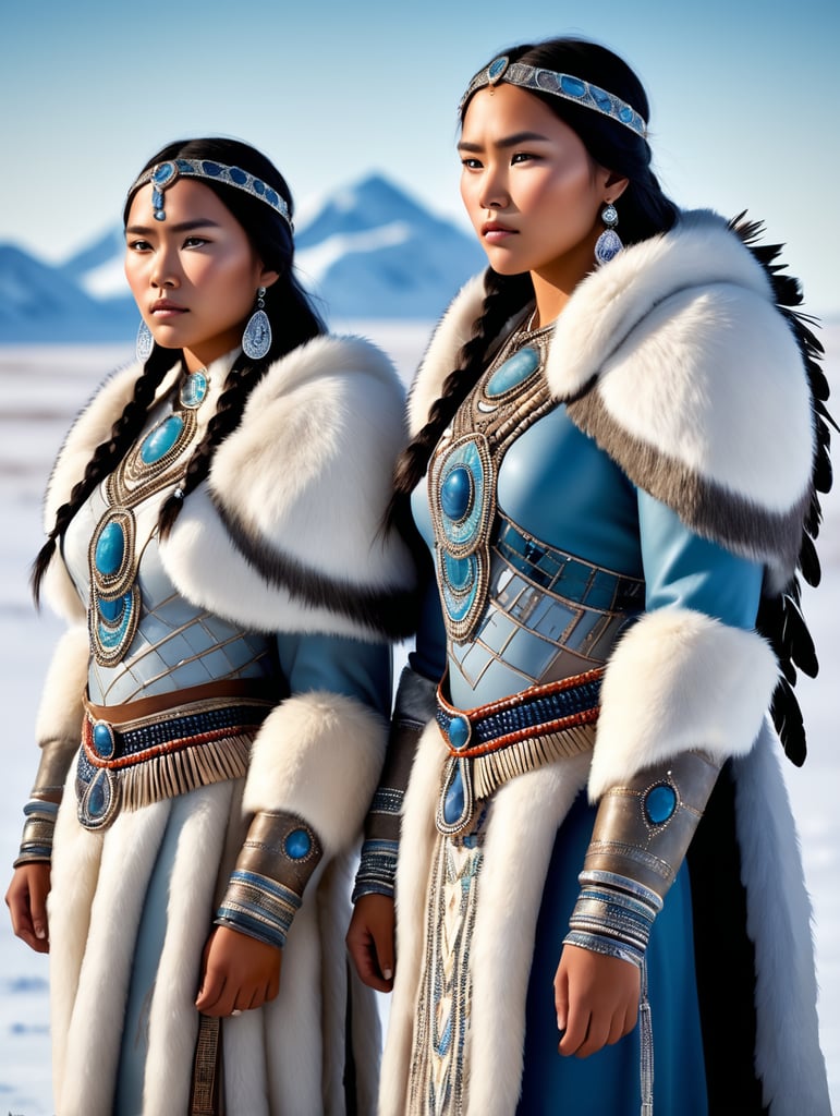 Generate a captivating full-body illustration of a stunning 18-year-old inuit woman dressed in exquisite stone age clothing, embellished with intricate feathers, vibrant beads, and delicate shells. she stands gracefully on the stark tundra steppe, radiating beauty and strength, while beside her, her younger brother, with a somber expression, evokes a poignant and melancholic atmosphere. bring this vision to life with the artistry of tom björklund.