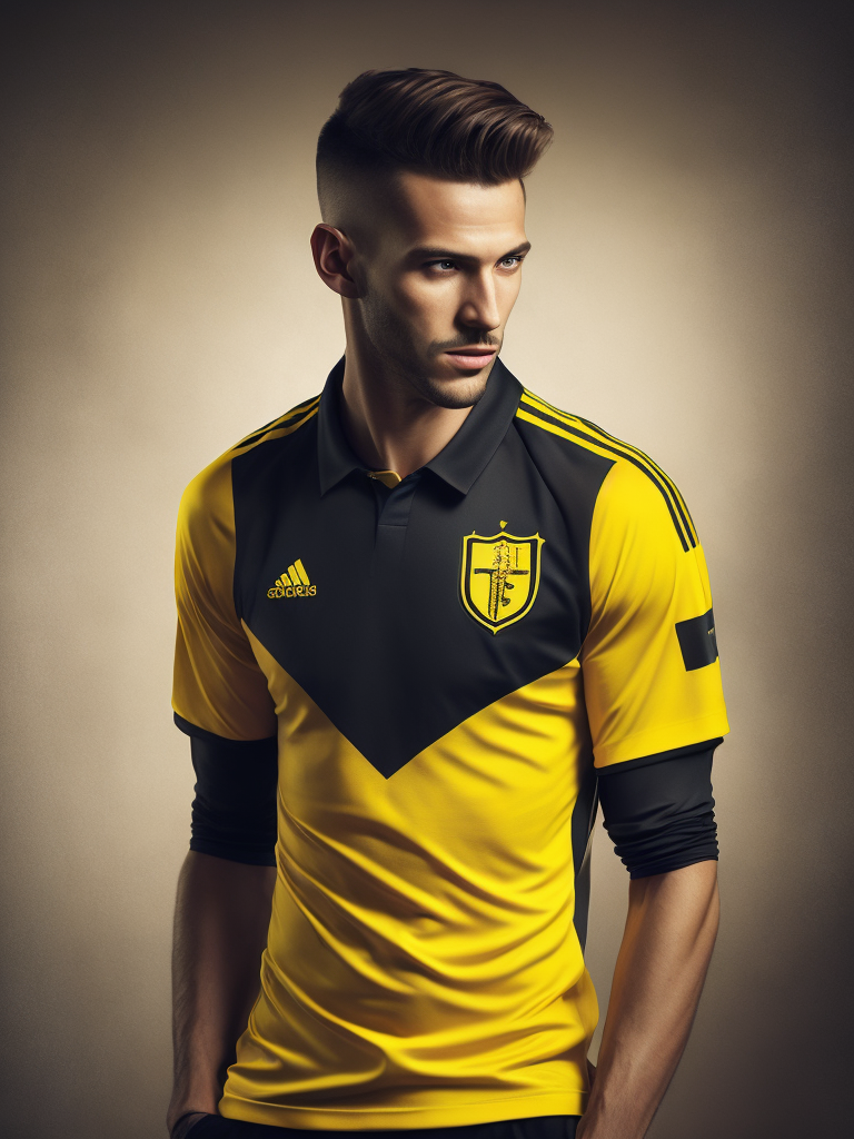 Portrait of soccer english player 1900, yellow and black shirt, fashion magazine illustration, sharp focus, Dramatic Lighting, Depth of field, blurred background