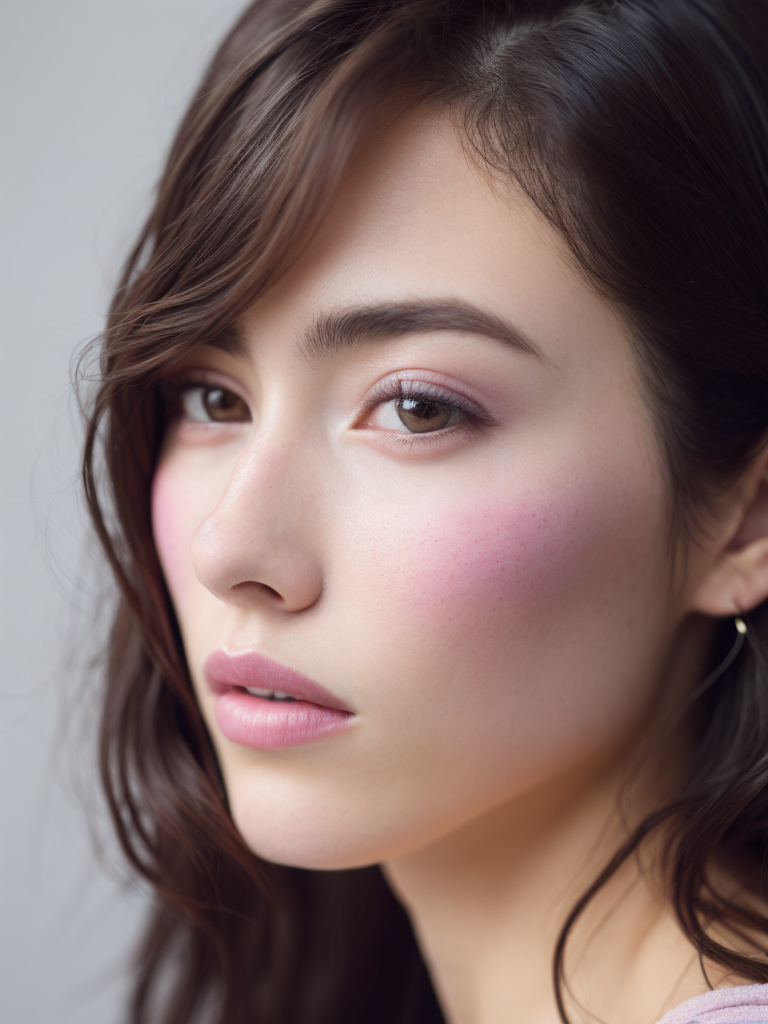 A photo close-up of a beautiful black haired woman with freckles, fashion editorial, studio photography, magazine photography, wearing pink and purple colors, blurry background