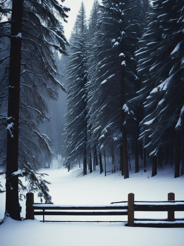Winter landscape, with pine trees, with a wooden fence