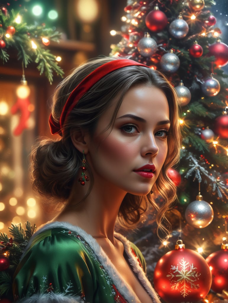 beautiful woman wearing Christmas clothes with Christmas background