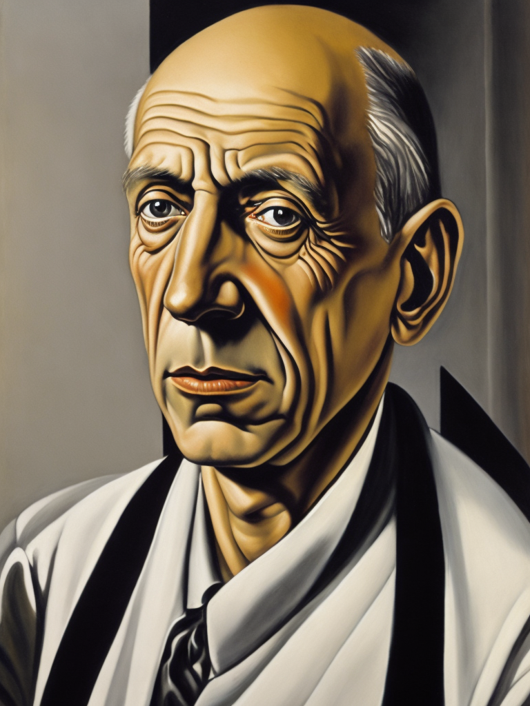 A painting of a Pablo Picasso, aged Pablo Picasso in the art deco style of Tamara de Lempicka.
