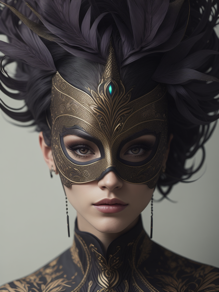 Centered detailed portrait of a masked woman wearing a venetian mask, vibrant peacock feathers, intricate, elegant, highly detailed, digital painting, artstation, smooth, sharp focus, illustration, illuminated lines, outrun, vaporware, intricate venetian patterns, cyberpunk darksynth, by audrey kawasaki and ilya kuvshinov and alphonse mucha