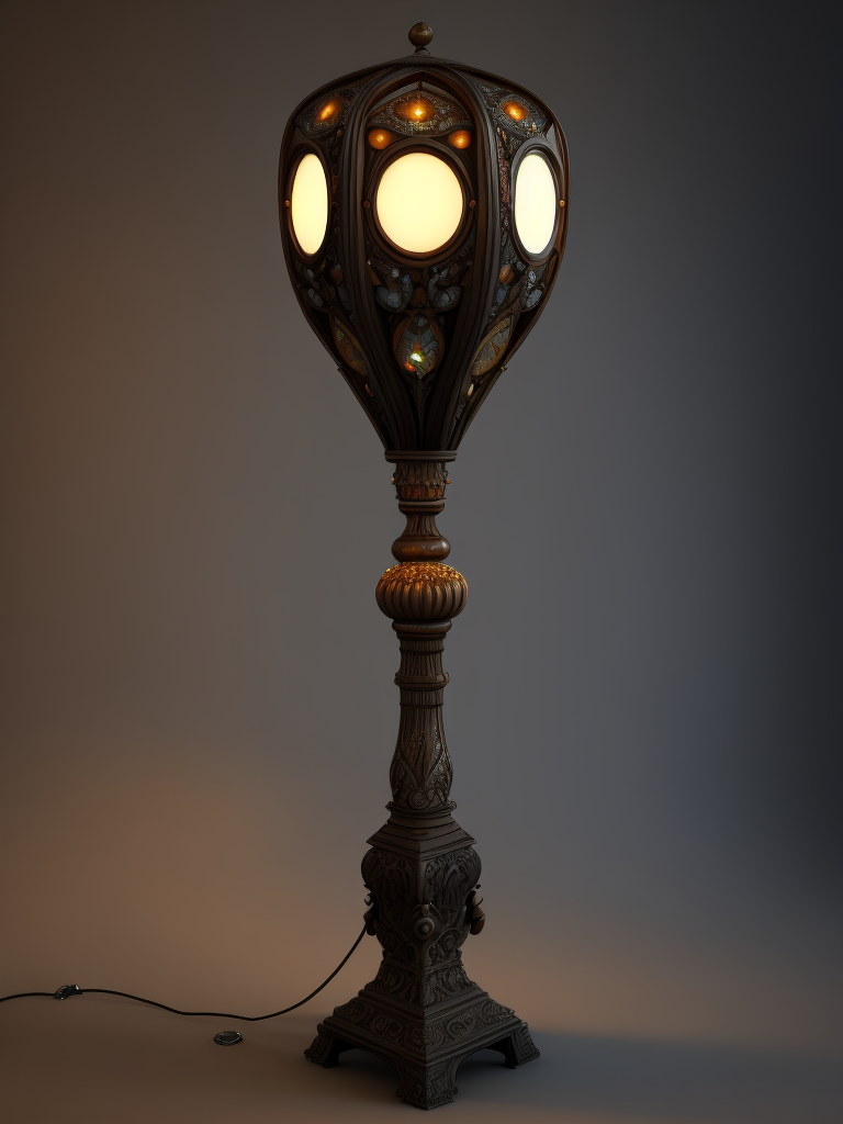 wooden floor lamp, carved black wood, decorated with gems