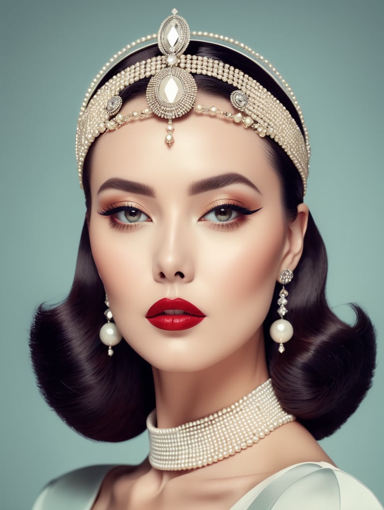 A beautiful female pop sleek vintage with fashion headpiece, clean makeup, with depth of field, captured in vintage colors, minimalist posterstyle