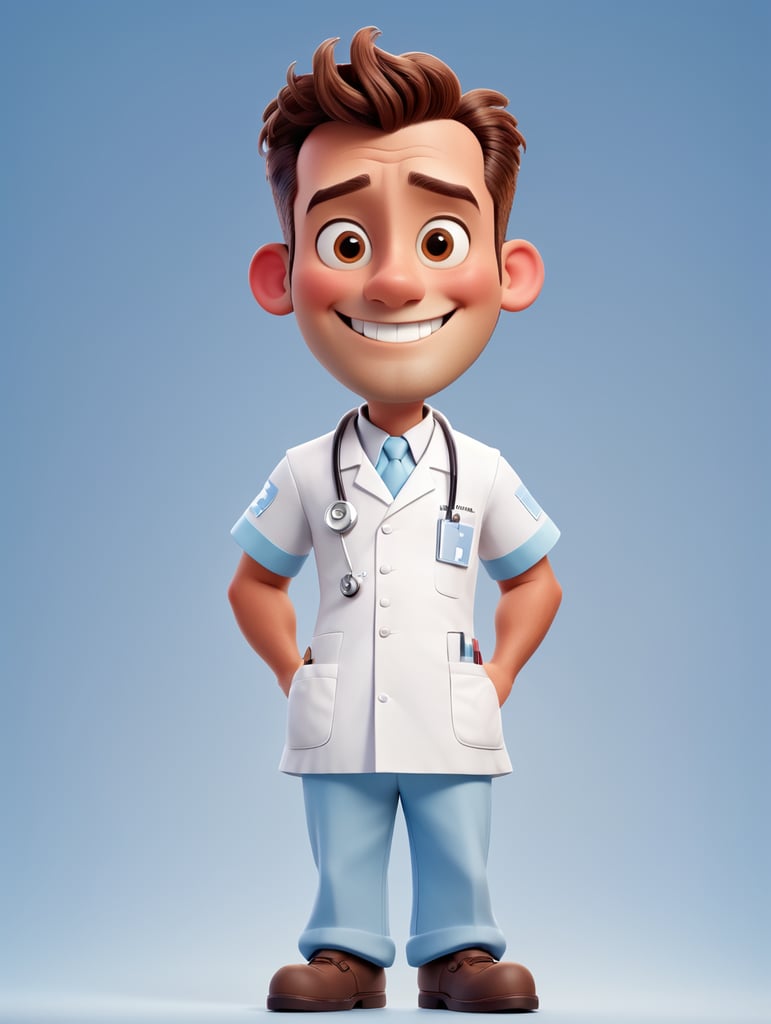 male character, thin, nurse, without cap, full body, disney pixar style, big brown eyes, white skin, smile, light blue gradient background