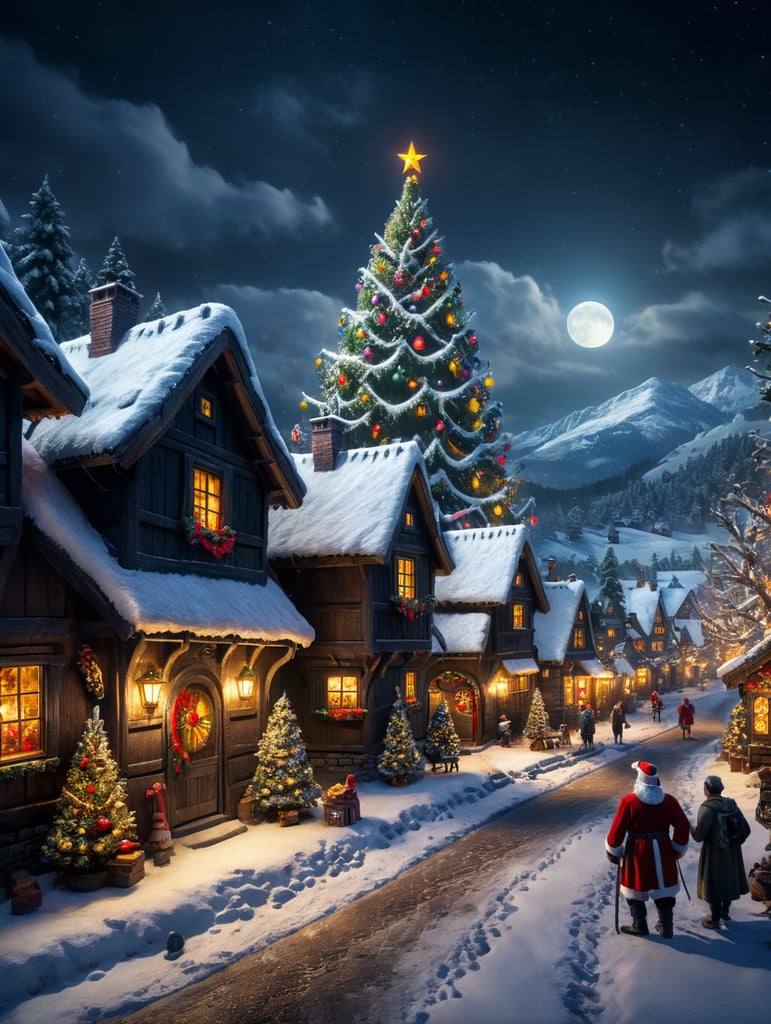 Snowy christmas night village with a focus on santa clause , christmas tree realastic image