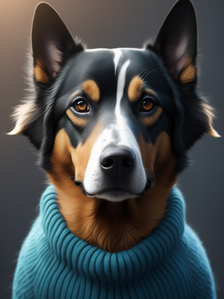a dog in a blue sweater
