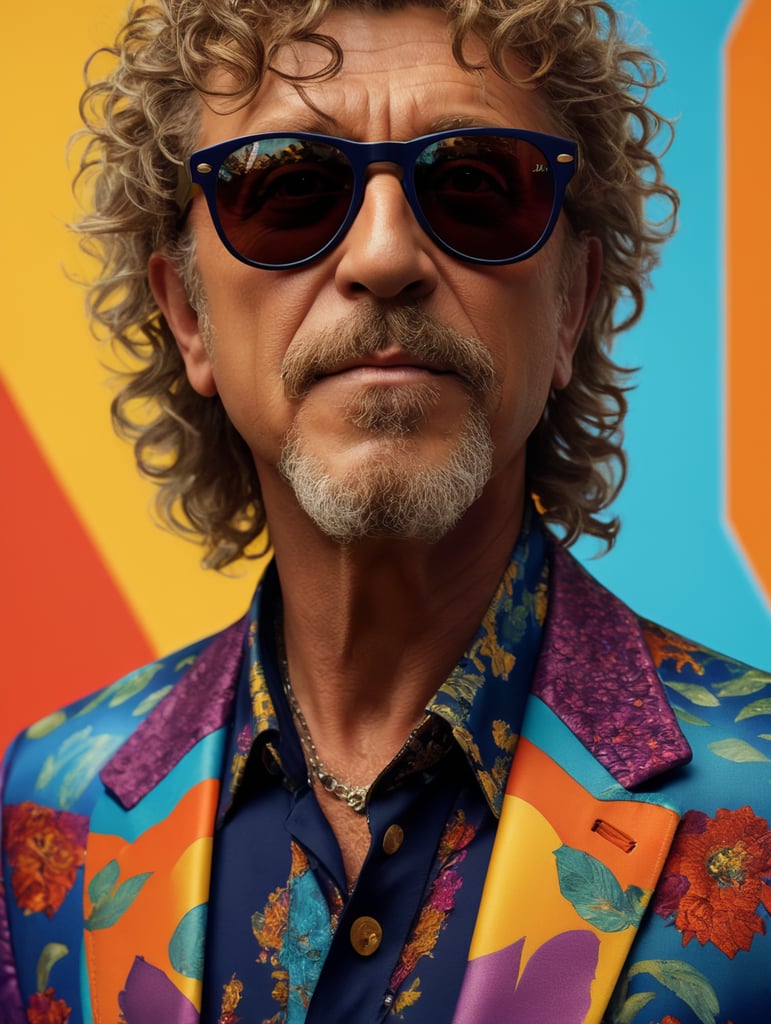 robert plant wearing a brightly patterned jacket and wayfarer glasses, Vivid saturated colors, Contrast color