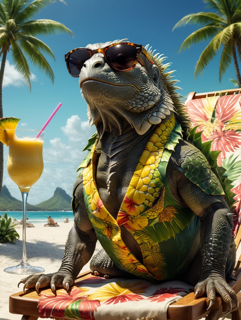 fat iguana laying on a sun bed on a caribbean beach with palm trees, wearing sunglasses and a hawaiian shirt, holding a pina colada