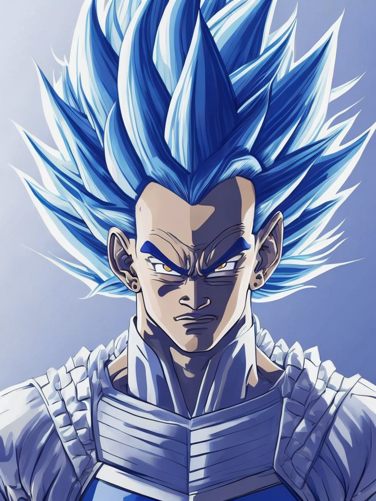 Will Smith as Dragon Ball character Vegeta, aggressive face, blue and white suit, spiky hairstyle, bright saturated colors, bright gradient background,