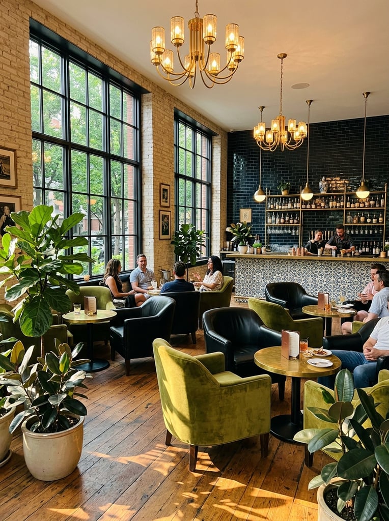 A sunlit upscale lounge with large grid windows, exposed light brick walls, and brass chandeliers. Olive green velvet armchairs, black leather seats, and round brass tables are arranged around potted ficus plants. A bar with a patterned tile front and dark subway tile backsplash anchors the background. Warm natural sunlight casts dramatic shadows across the wood floor.
