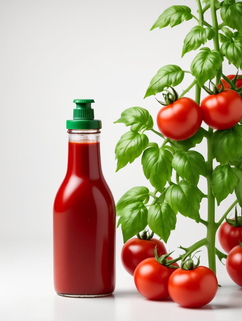 tomato ketchup bottle, red tomato with green leaves, isolated, white background