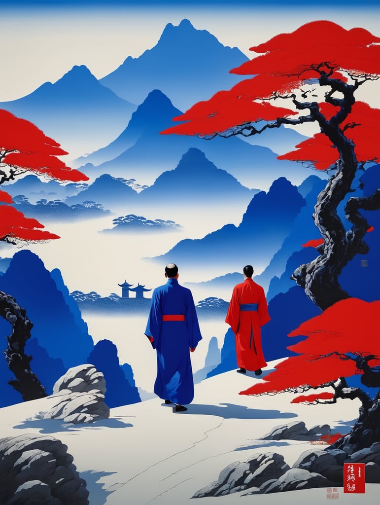 Chinese palace,classical,The men in robes were walking,Oriental aesthetics，Chinese Zen, minimalism, Klein blue and Red,Postminimalism,landscape painting,by Eiko ojala,by Noma Bar,Mountains and mountains in Song Dynasty