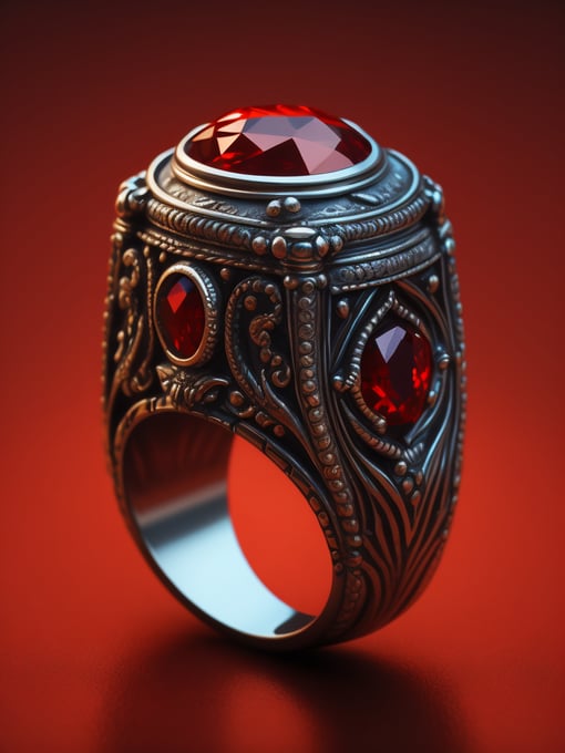 Royal silver ring with ruby, fantasy style, bright red background, rich colors, contrasting light, deep colors, high details