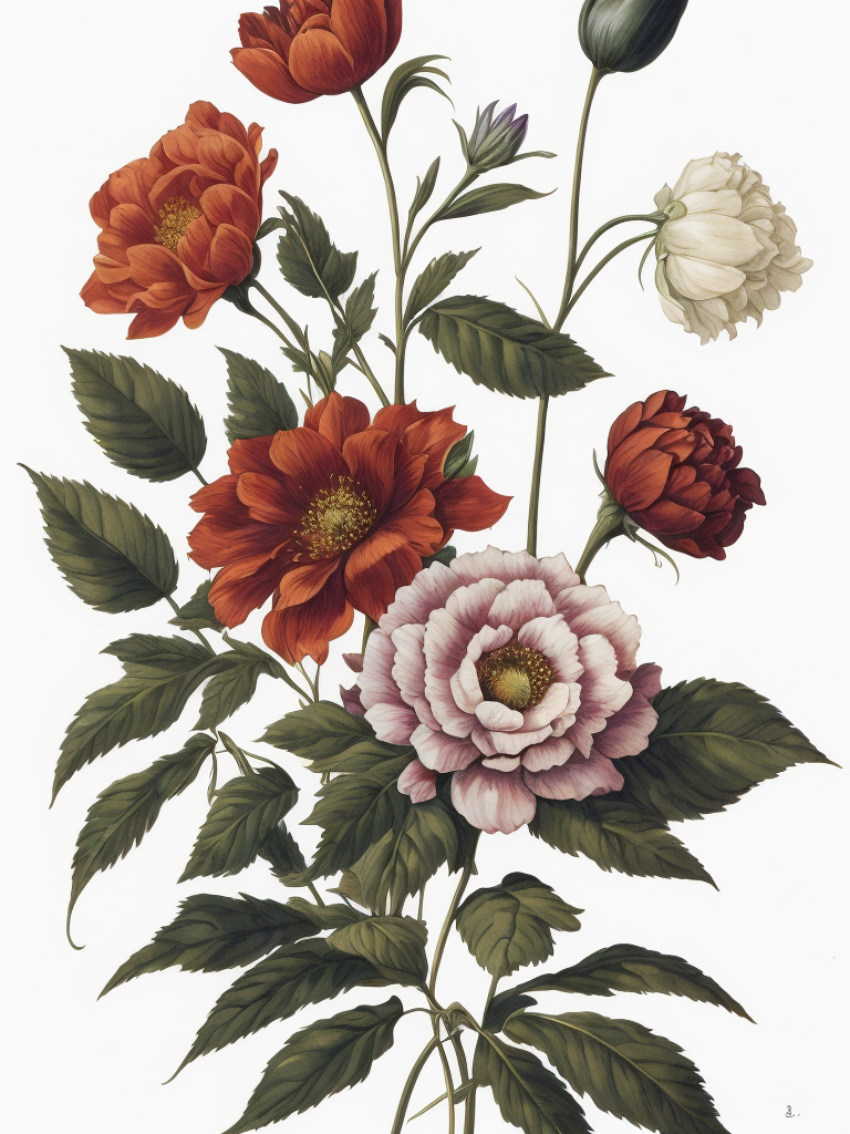 different types of flowers , botanical illustration, white background, style of Pierre-Joseph Redoute